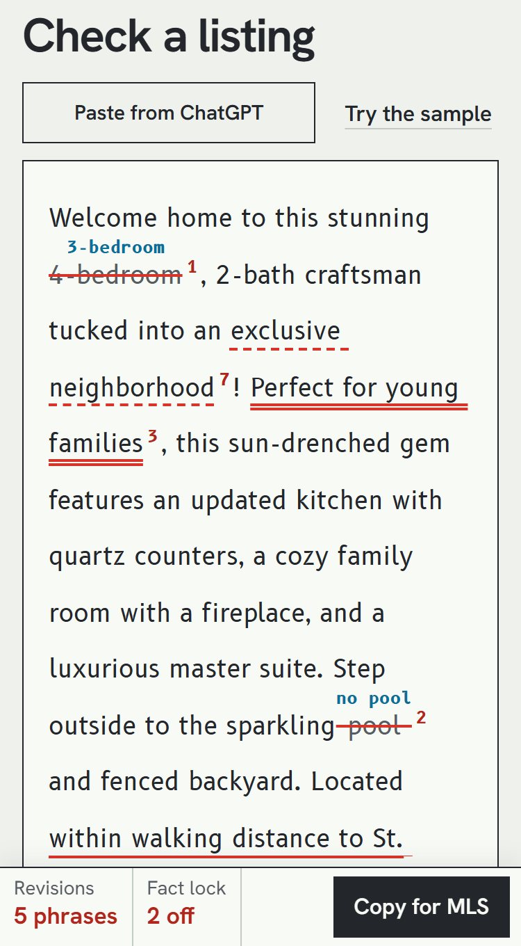 The checker on a phone with the sample draft: 4-bedroom struck through with 3-bedroom lettered above it in cyan, pool struck through under no pool, and phrases like Perfect for young families and exclusive neighborhood underlined in redline, each ending in a small revision number. The title block at the bottom shows 5 phrases, 2 off, and Copy for MLS.