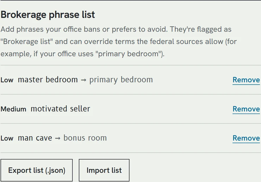 The Pro brokerage phrase list with three office phrases: master bedroom, low, replaced with primary bedroom; motivated seller, medium; man cave, low, replaced with bonus room. Export and Import buttons below.