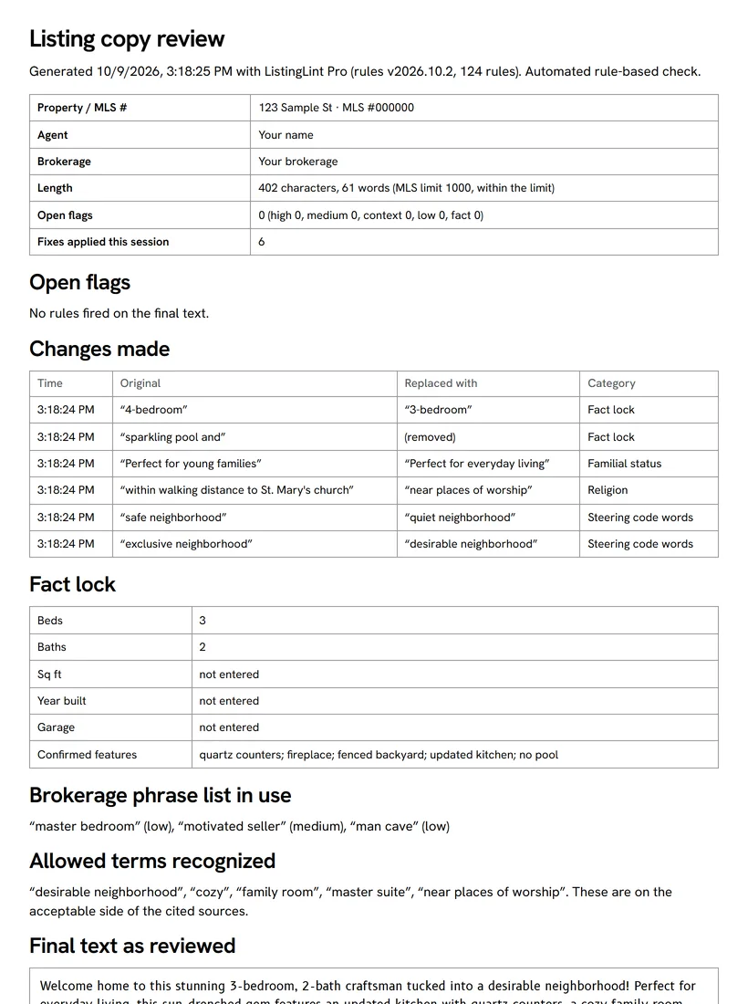 A printed Listing copy review from ListingLint Pro for the sample draft: property, agent and brokerage lines, 0 open flags, a table of the 6 changes made with the original and replacement wording, the fact lock values and the brokerage phrases in use.